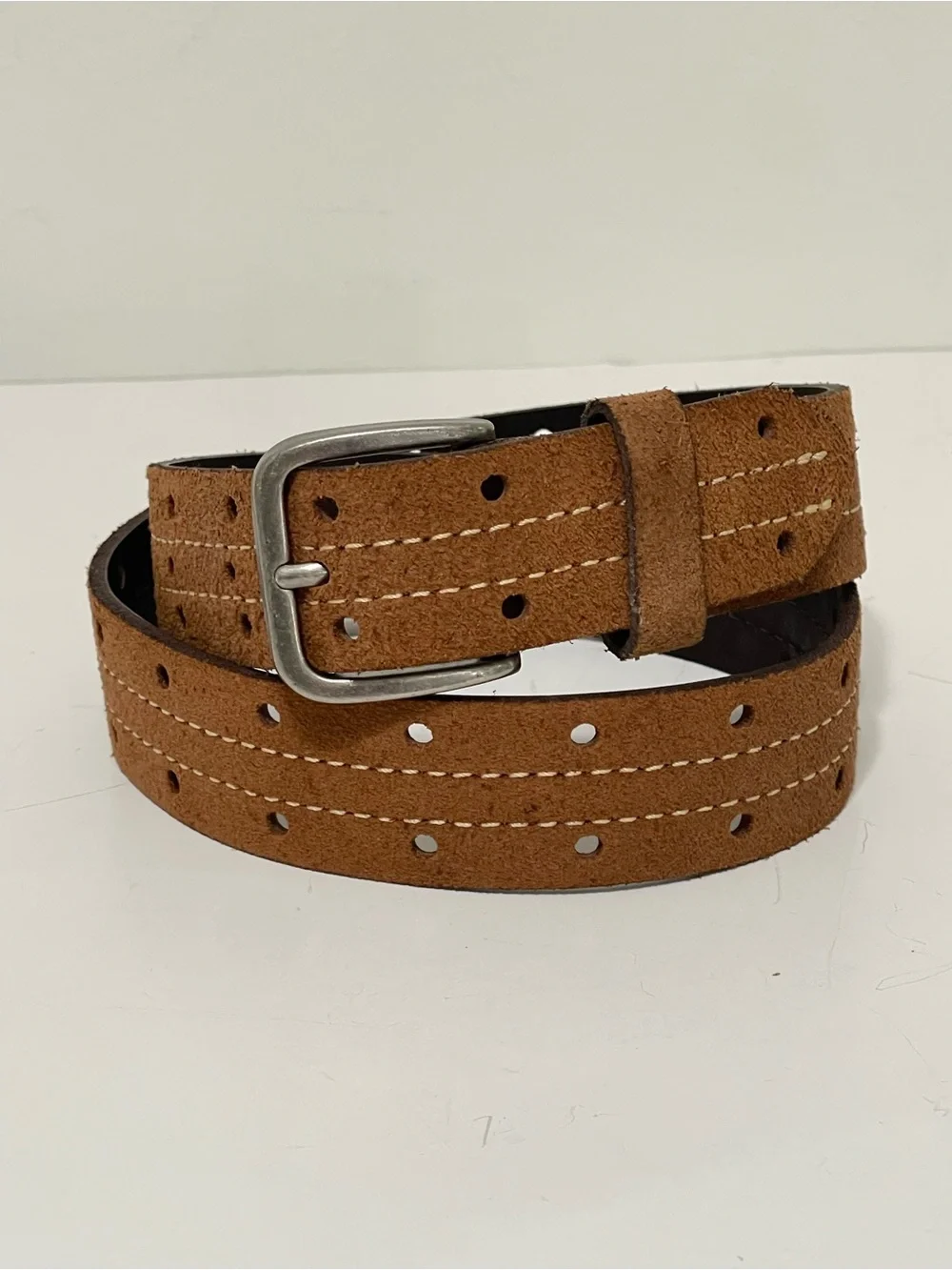 Brown Suede Leather Belt Perforated Contrast Stitching Gun Metal Buckle Men 27